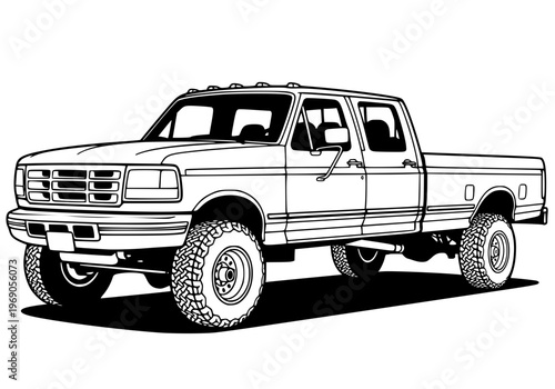Classic Retro Crew Cab Pickup Truck Line Art - Vintage 4x4 Lifted Custom Work Truck Illustration Vector