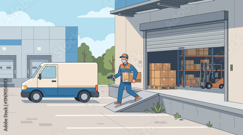 Logistics and Shipping Concept: Courier in Face Mask Loading Box into Delivery Van at Warehouse Loading Dock, Flat Vector Illustration