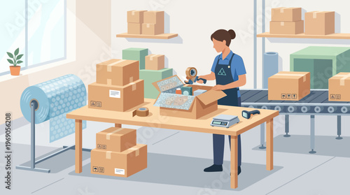 Female Warehouse Worker Packing Boxes for Shipping in Fulfillment Center Illustration