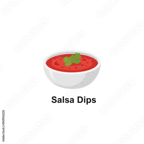 Flat color vector illustration icon of fresh and spicy Mexican salsa dip with cilantro in a white bowl, perfect for appetizer menus, party snacks, or delicious food designs