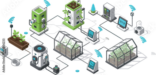 Smart agriculture isometric system with IoT greenhouse, sensors and automated farming technology