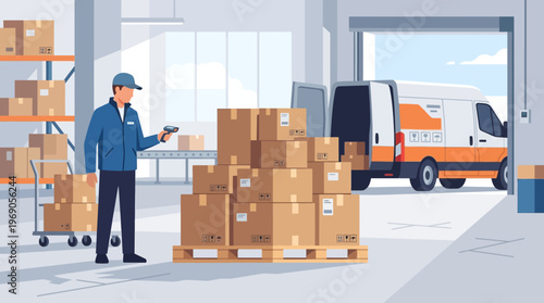 Warehouse Logistics and Distribution Concept with Worker Scanning Boxes and Delivery Van