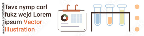 Science, research, planning, project management, data analysis, and education. Test tubes with colored liquids next to a calendar element. Science and research icons for innovation and data