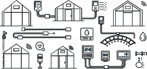 Smart greenhouse line icons with IoT agriculture system, sensors and automated farming technology