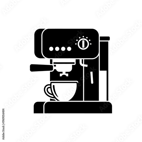 Flat graphic icon of a modern espresso coffee machine with a steaming cup, perfect for cafe menu designs, beverage industry branding, or morning drink concepts