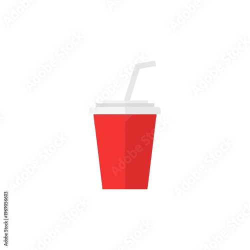 Flat design soft drink cup icon with straw. Simple vector illustration of a red beverage container for fast food or cafe menus, depicting a refreshing drink concept