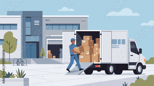 Professional Courier Loading Cardboard Boxes into Delivery Van at Warehouse Distribution Center, Logistics and Supply Chain Concept Illustration
