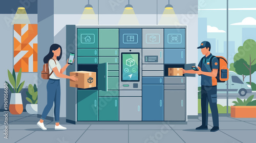 Courier and Customer Using Automated Smart Parcel Locker for Package Pickup and Delivery Service