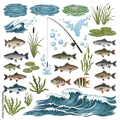 Diverse Assemblage of Freshwater Fish and Ocean Waves Graphic Elements
