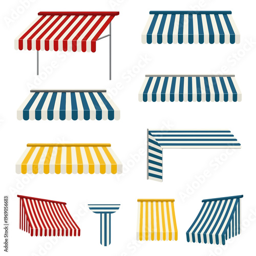 Collection of striped awnings for shops and homes in various colors