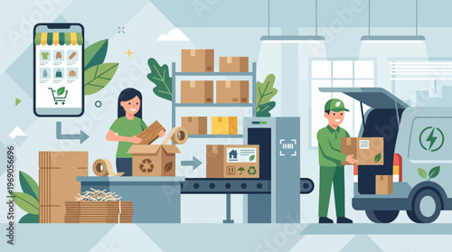 Sustainable E-commerce Logistics and Eco-Friendly Delivery Illustration with Green Warehouse, Recyclable Packaging, and Electric Van for Carbon Neutral Shipping