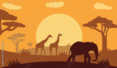 African safari sunset silhouette with animals