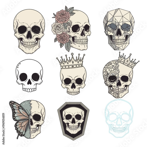 Set of diverse skull illustrations with floral and geometric accents