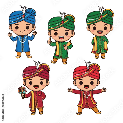 Cute Cartoon Indian Grooms in Traditional Attire for Wedding Celebrations