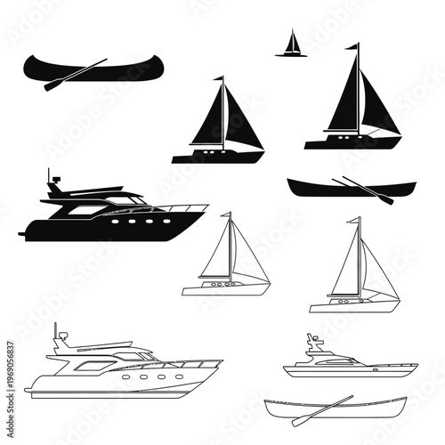 Collection of various boat types for water transport and leisure activities