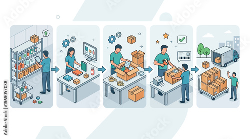 Order Fulfillment Process Infographic Showing Warehouse Logistics, Inventory Picking, Packaging, Labeling, and Shipping Workflow in Flat Isometric Style