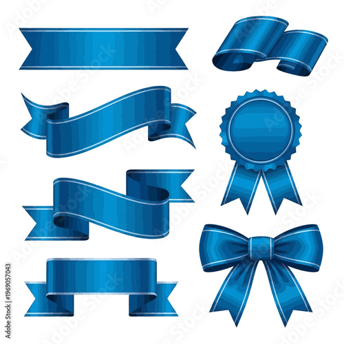 Vibrant blue ribbons, decorative banners, and a celebratory award collection