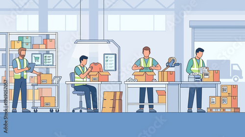 Warehouse Fulfillment Center Illustration with Workers Packing Boxes and Managing Inventory for E-commerce Logistics