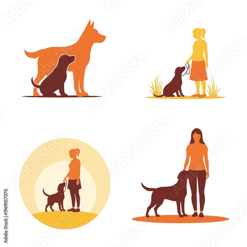 Dog training and walking icons and illustrations