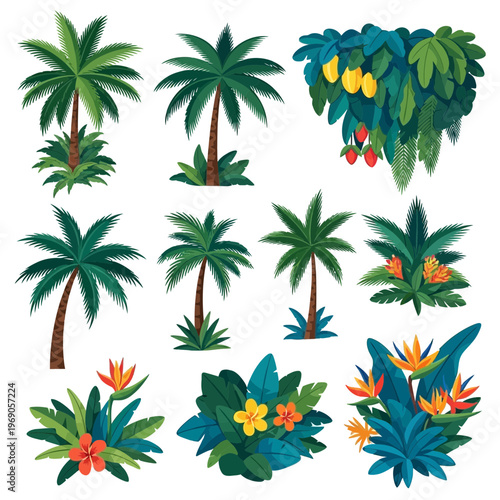 Collection of tropical palm trees and lush green foliage plants