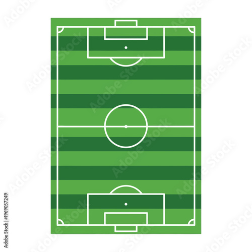 Top view of a soccer field with green stripes and white markings