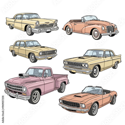 Hand-drawn classic car collection diverse vintage automobiles in retro style