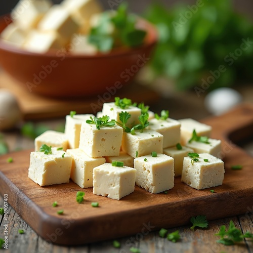 Cubed tofu with fresh herbs sits on a rustic wooden board. Ingredients for healthy vegan meal prep are near. Tofu is a versatile plant-based protein source for cooking.