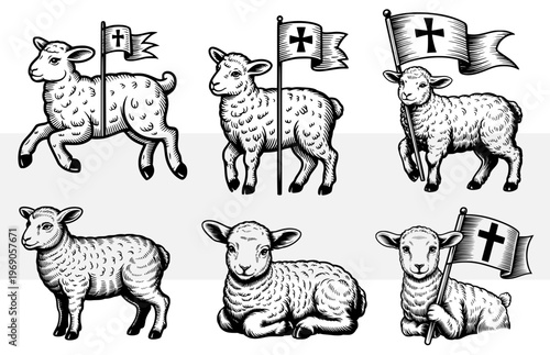 Easter lamb, Agnus Dei, sheep with christian cross flag, vintage engraving set, religious holiday icons, hand drawn woodcut, vector illustration, paschal lamb