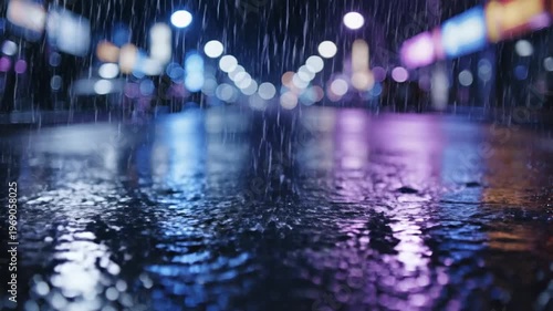 Rainy city street at night with wet pavement reflecting colorful lights and raindrops falling from above in blurry background