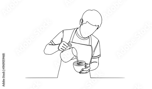 Elegant continuous line vector of barista creating latte art with milk pour