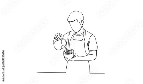 Minimalist continuous line barista pouring milk into coffee vector illustration