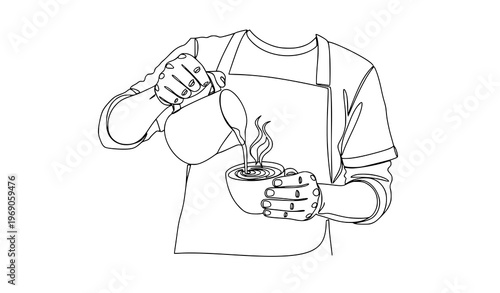 Creative continuous line barista pouring milk into coffee cup vector illustration