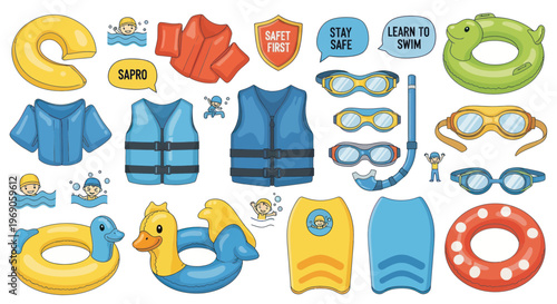 Swimming Gear and Pool Fun: Safety Equipment, Toys, and Kids Learning to Swim