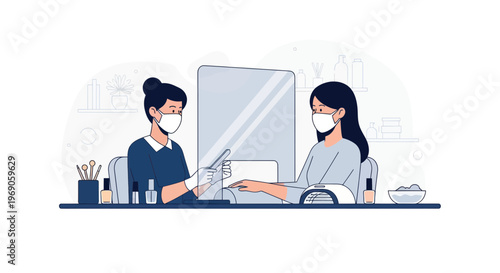 Manicurist applying nail polish to client wearing face mask, safety measures at salon