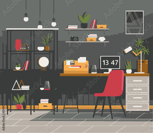 Flat lay of a modern home office with a red chair, desk, shelving unit, and plants on a gray background with a cinematic feel and a calm mood.
