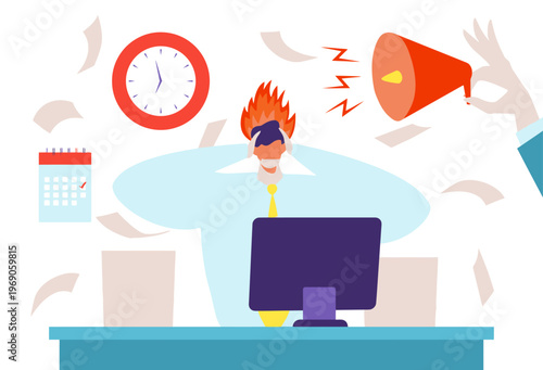 Illustration of a stressed businessman at his desk with a computer, clock, calendar, and megaphone, conveying a frantic office mood with vibrant colors.