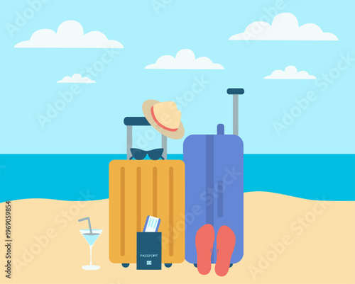 Illustration of a beach scene with luggage, hat, flip flops, and cocktail on the sand against a clear blue sky with clouds.