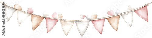 soft nursery watercolor illustration clean clipart style single horizontal row of small bunting flags triangular fabric flags connected by a thin string soft baby pink