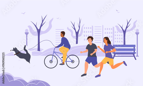 Illustration of a man riding a bicycle and a woman running in a park with a dog on a leash, surrounded by trees and benches in a purple-hued urban landscape.