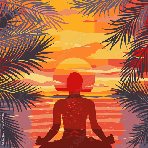 Silhouette of a person meditating in lotus position with tropical leaves against a vibrant sunset over water.