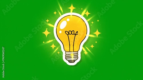 A bright yellow light bulb with sparkling stars appears on a green background