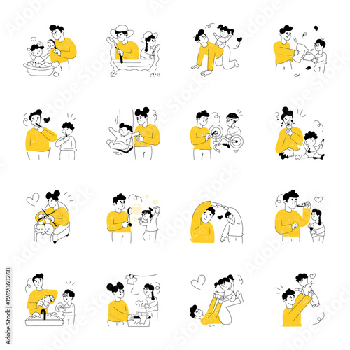 Collection of 16 grayscale and yellow illustrations of a man interacting with another person in various scenarios against a white background.