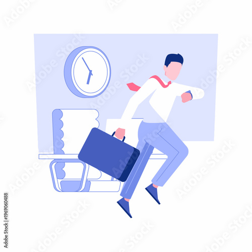 Illustration of a businessman rushing to leave an office with a briefcase, clock in background.