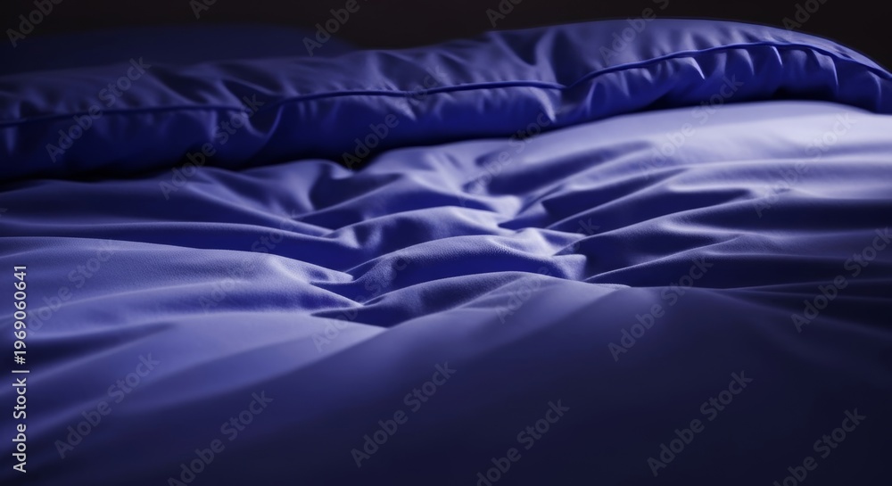 Fototapeta premium Gentle movement ripples beneath a thick duvet in a dimly lit bedroom, illustrating mindful deep breathing techniques to overcome sleeplessness, darkness, indoor, breathing