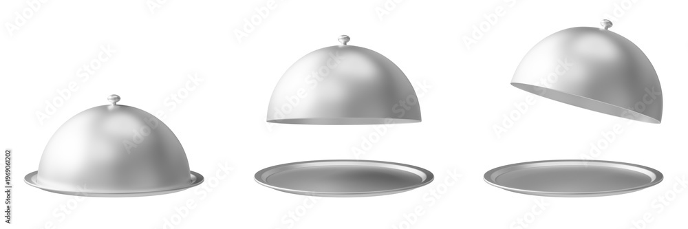 Fototapeta premium 3D illustration of stainless steel restaurant cloche with serving plate and lid shown open and closed. Food cover dome for keeping meals warm, catering and fine dining concept isolated on transparent 