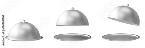 Fotografía 3D illustration of stainless steel restaurant cloche with serving plate and lid shown open and closed