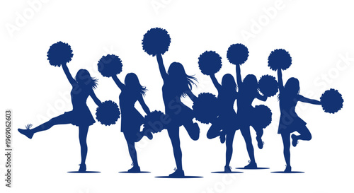 Cheerleaders Silhouette Group Dancing with Pom-Poms, Dynamic Action Poses