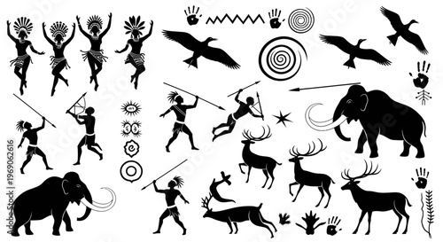 Cave Painting Symbols: Hunters, Mammoths, Deer, Birds and Ancient Dancers