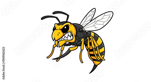 Angry Cartoon Wasp Insect Flying Isolated on White Background, Aggressive Stinger