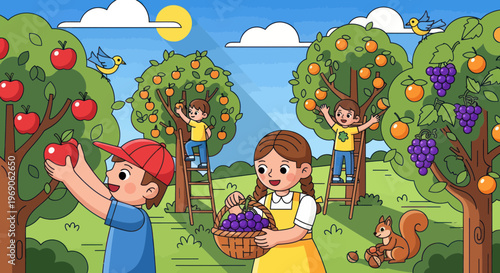 Children Harvesting Fruits in Orchard